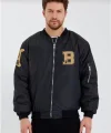 Erkek Siyah Bomber Kolej Mont – B Harfi ve Kemik Baskılı, Su İtici Kumaş, Kapitone Astarlı Fermuarlı Ceket - Siyah