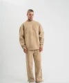 Unisex Uzun Kol Bisiklet Yaka Yıkamalı Eşofman Takım - Bej