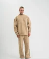 Unisex Uzun Kol Bisiklet Yaka Yıkamalı Eşofman Takım - Bej