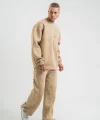 Unisex Uzun Kol Bisiklet Yaka Yıkamalı Eşofman Takım - Bej