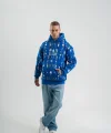 Unisex Uzun Kol Kapşonlu Pano Baskılı SweatShirt - Mavi