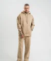 Unisex Uzun Kol Kapşonlu Yıkamalı Eşofman Takım - Bej