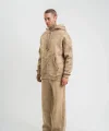 Unisex Uzun Kol Kapşonlu Yıkamalı Eşofman Takım - Bej
