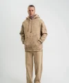 Unisex Uzun Kol Kapşonlu Yıkamalı Eşofman Takım - Bej