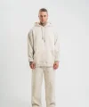 Unisex Uzun Kol Kapşonlu Yıkamalı Eşofman Takım - Krem