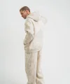 Unisex Uzun Kol Kapşonlu Yıkamalı Eşofman Takım - Krem
