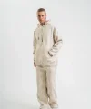 Unisex Uzun Kol Kapşonlu Yıkamalı Eşofman Takım - Krem