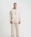Unisex Uzun Kol Kapşonlu Yıkamalı Eşofman Takım - Krem