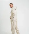 Unisex Uzun Kol Kapşonlu Yıkamalı Eşofman Takım - Krem