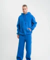 Unisex Uzun Kol Kapşonlu Yıkamalı Eşofman Takım - Mavi