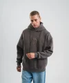 Unisex Uzun Kol Kapşonlu Yıkamalı Nakışlı SweatShirt - Füme