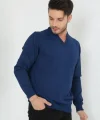 Unisex Uzun Kol V Yaka Triko Kazak - Indigo