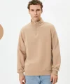 Unisex Uzun Kol Yarım Farmuarlı Yakalı Basic SweatShirt - Bej