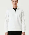 Unisex Uzun Kol Yarım Farmuarlı Yakalı Basic SweatShirt - Beyaz