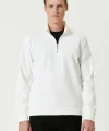 Unisex Uzun Kol Yarım Farmuarlı Yakalı Basic SweatShirt - Beyaz
