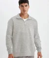 Unisex Uzun Kol Yarım Farmuarlı Yakalı Basic SweatShirt - Gri