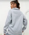 Unisex Uzun Kol Yarım Farmuarlı Yakalı Basic SweatShirt - Gri