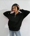 Unisex Uzun Kol Yarım Farmuarlı Yakalı Basic SweatShirt - Siyah