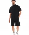 Unisex Yakalı Fermuarlı Oversize T-Shirt Şortlu Takım - Siyah