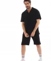 Unisex Yakalı Fermuarlı Oversize T-Shirt Şortlu Takım - Siyah