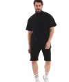 Unisex Yakalı Fermuarlı Oversize T-Shirt Şortlu Takım - Siyah