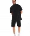 Unisex Yakalı Fermuarlı Oversize T-Shirt Şortlu Takım - Siyah