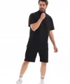 Unisex Yakalı Fermuarlı Oversize T-Shirt Şortlu Takım - Siyah