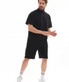 Unisex Yakalı Fermuarlı Oversize T-Shirt Şortlu Takım - Siyah