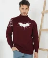 Unisex Yarım Boğazlı Baskılı Dokuma Triko - Bordo