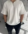 Unisex Yarım Fermuarlı Basic T-Shirt - Beyaz