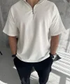 Unisex Yarım Fermuarlı Basic T-Shirt - Beyaz