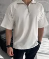 Unisex Yarım Fermuarlı Basic T-Shirt - Beyaz