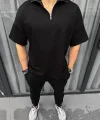 Unisex Yarım Fermuarlı Basic T-Shirt - Siyah
