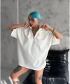 Unisex Yarım Fermuarlı Düz Oversize T-Shirt - Beyaz