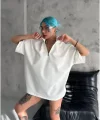 Unisex Yarım Fermuarlı Düz Oversize T-Shirt - Beyaz