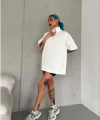 Unisex Yarım Fermuarlı Düz Oversize T-Shirt - Beyaz