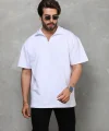 Unisex Yarım Fermuarlı Düz Oversize T-shirt - Beyaz