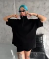 Unisex Yarım Fermuarlı Düz Oversize Thirt  iyah