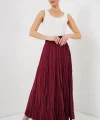 Uzun Kırışık Etek 8042 - Bordo