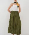 Uzun Kırışık Etek 8042 - Haki