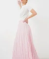Uzun Kırışık Etek 8042 - Pudra
