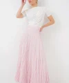 Uzun Kırışık Etek 8042 - Pudra