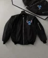 Unisex Siyah Bomber Ceket – Fermuarlı, Cepli, Kapitone Astarlı, Sevimli Stitch Baskılı Günlük Rahat Mont - Siyah