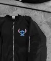 Unisex Siyah Bomber Ceket – Fermuarlı, Cepli, Kapitone Astarlı, Sevimli Stitch Baskılı Günlük Rahat Mont - Siyah