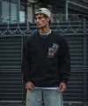 Uzun Kol Bisiklet Yaka Baskılı SweatShirt - Siyah