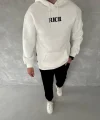 Uzun Kol Kapşonlu Göğüs Baskılı SweatShirt - Beyaz