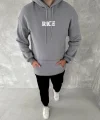 Uzun Kol Kapşonlu Göğüs Baskılı SweatShirt - Gri