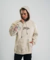 Uzun Kol Kapşonlu Yıkamalı Baskılı SweatShirt - Krem
