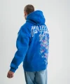 Uzun Kol Kapşonlu Yıkamalı Baskılı SweatShirt - Mavi