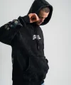 Uzun Kol Kapşonlu Yıkamalı Baskılı SweatShirt - Siyah